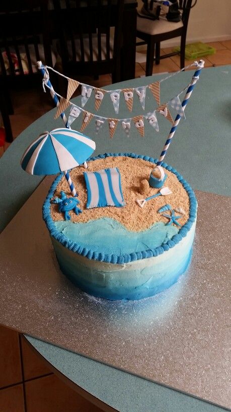 Blue Beach Cake, Bluey Beach Cake, Birthday Cake Beach Theme, Beach Cakes Birthday, Seaside Birthday Cake, Beach Theme Cake, Beach Bday, Summer Birthday Cake, Beach Birthday Cake