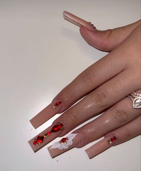 Red Righnstone Nails, Red Quince Surprise Dance Outfit, Red Nails For Quinceanera Long, Copy And Paste Latina Nails Red, 15 Nails Ideas Red, Prom Nail Inspo Red, Jaripeo Nails, Dark Red Nails With Rhinestones, Long Acrylic Nails Square Ideas Pretty