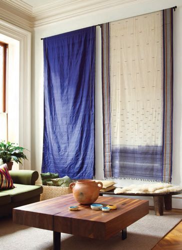 love the simply hung saris; prospect heights townhome of mariza scotch and diery prudent, photographed by tria giovan Wall Hanging Fabric Tapestries, Fabric Hanging On Wall, Fabric Photo Wall Hanging, Shibori Wall Hanging, Blue Wall Hanging, Large Fabric Wall Hanging, Shibori Wall Art, Hanging Fabric Art, Silk Wall Hanging