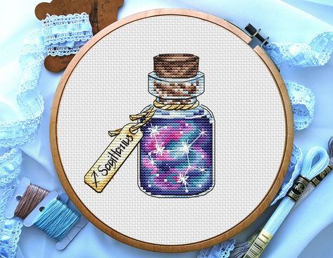 Cross Stitch Bottle, Sky Cross Stitch, Galaxy Cross Stitch, Bottle Cross Stitch, Galaxy In A Bottle, Galaxy Cross, Hamma Beads, Beautiful Cross Stitch Pattern, Small Cross Stitch