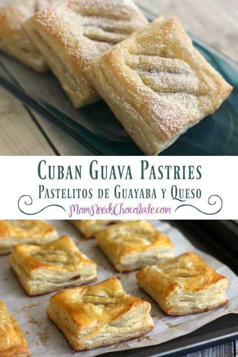 Cuban Guava Pastries, known as Pastelitos de Guayaba y Queso, are an incredibly delicious treat that are surprisingly easy to make! You'll just drool over these delicate golden brown puff pastry squares filled with cream cheese and guava paste. #Pastelitos #Guava #PastelitosDeGuayaba #Queso #Cuba #Cuban #CubanPastelitos #PuffPastry #CreamCheese Guava And Cream Cheese Pastelitos, Guava Cheese Pastelitos, Guava Puff Pastry Recipes, Guava Paste Recipes Desserts, Guava Paste Recipes, Guava Pastelitos, Guava Pastries, Puff Pastry Squares, Pastry Squares