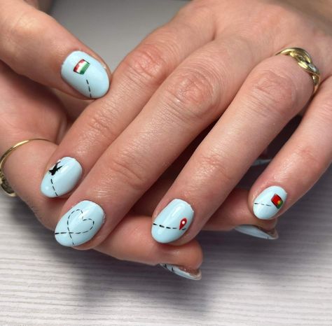 Nail Art Designs For Travel, Nails Travel Design, Travel Nail Art Ideas, Iceland Nails Designs, Travel Themed Nails, New York Theme Nails, Travel Nails Ideas, Thailand Nails Designs, Europe Trip Nails