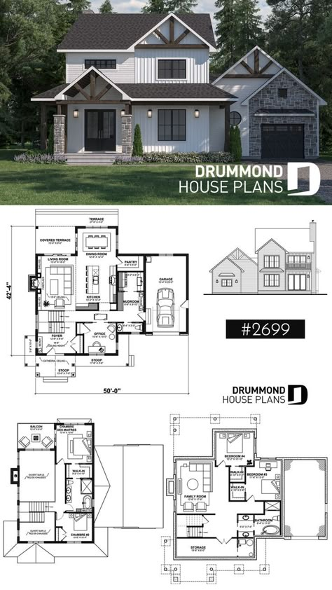 2 Story House With Garage, House Plans With Garage, 2 Story House Plans, Garage Pantry, House With Garage, Bedroom Floor Plan, 2 Story House, Farmhouse Garage, Drummond House Plans