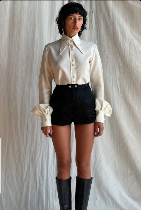 High Collared Shirt, Cream Collared Shirt, 1970s Collared Shirt, Big Collared Shirt Outfit, Big Sleeves Blouse Outfit, Exaggerated Collar Shirt, Large Collar Shirt, 70s Collared Shirt, Big Collar Blouse Outfit