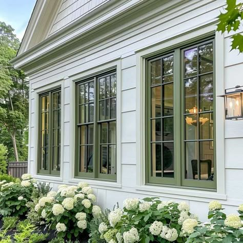 Natural Beauty with Green Outdoor Window Trim • 333+ Art Images White House With Cream Trim Exterior, House With Green Windows, Green Trim Exterior House, Green Window Frames Exterior, Cream House Green Trim, Green Windows Exterior, Folk Victorian Exterior, White House Green Trim, Green Window Trim