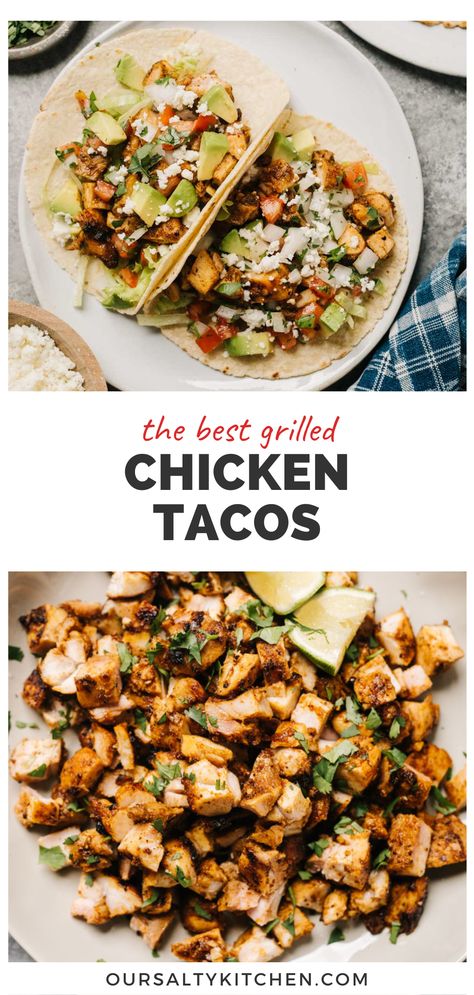 Grilled Chicken Tacos are perfect for a fast, friendly, choose-your-own-adventure weeknight dinner that's approved by picky eaters, and everyone else too! Our simple marinade is just taco seasoning, garlic, lime juice, and olive oil. Marinate 2 hours for a flavorful crust, then grill the chicken in as little as 10 minutes. Serve these American style or street style with your favorite taco toppings in grilled tortillas. Oven free dinners for the win! #chickentacos #grilledtacos #easydinner Mexican Grill Chicken Recipes, Grilled Chicken Tacos Recipe Easy, Grilled Chicken Thigh Tacos, Charred Chile Marinated Grilled Chicken Tacos, Recipe With Grilled Chicken, Grilled Taco Meat, Blackstone Chicken Street Tacos, Black Stone Chicken Tacos, Grilled Taco Chicken