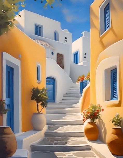 Greek Scenery Paintings, Greece Streets, Greek Buildings, Wow Image, Town Drawing, Greece Architecture, Greek Town, Greece Painting, Lodge Design