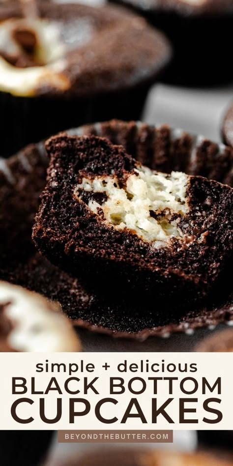 These Simple and Delicious Black Bottom Cupcakes are marbled masterpieces that will melt in your mouth the minute you take a bite! They are rich, chocolatey, super moist and filled with the creamiest chocolate chip cream cheese filling ever! | BeyondtheButter.com | #blackbottomcupcakes #cupcakes #chocolate #beyondthebutter #creamcheese #easyrecipes #dessert #cupcakes Black Bottom Cupcakes With Box Cake, Chocolate Chip Cream Cheese, Black Bottom Cupcakes, Desserts With Chocolate Chips, Chocolate Chip Cupcakes, Hello Cupcake, Cake Mug, Cream Cheese Muffins, Cupcake Recipes Chocolate