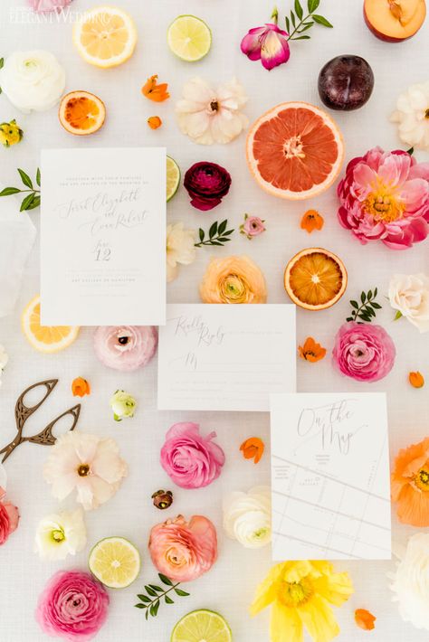 Citrus Wedding Ceremony, Colourful Bridal Shower Ideas, Citrus Bridal Shower Invitations, Bright Hens Party, Colourful Wedding Stationery, Citrus Themed Bridal Shower Ideas, Citrus Wedding Decor, Citrus Wedding Theme, Summer Citrus Wedding