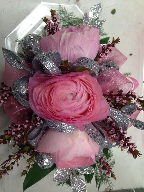 Pink and silver corsage Grey Corsage Prom, Pink And White Corsage Prom, Silver Corsage Prom, Gray Corsage, Pink And Silver Corsage, Silver Corsage, Pink Corsage, Prom Flowers Corsage, Prom Corsages