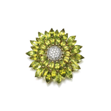 Peridot and diamond brooch, Asprey Designed as a stylised flower, set with marquise-shaped peridots and brilliant-cut diamonds, signed Asprey. Sothebys Art, International Jewelry, Diamond Brooch, Printing Business, Fine Jewels, Art Auction, High Jewelry, Brilliant Cut Diamond, Lalique