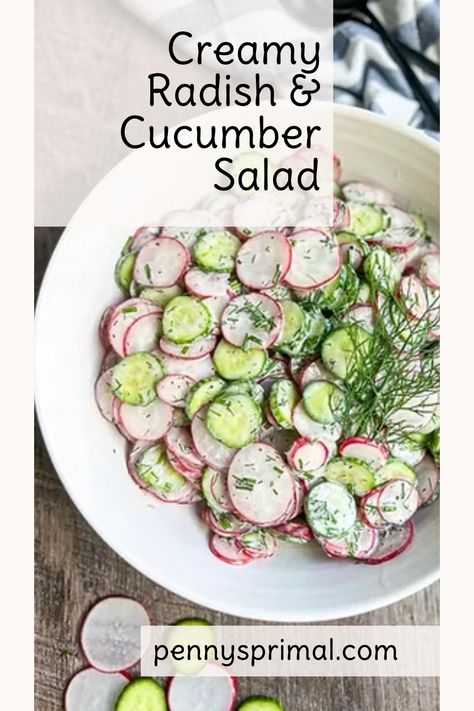 Crunchy radishes and Persian cucumbers in the most delicious creamy sour cream and fresh herb dressing is the perfect summer salad!  It is refreshing and comes together quickly making it the perfect side dish.  I especially love this salad when the radishes and cucumbers are fresh from the garden (or your neighbor's who so generously shares)! Cucumber And Radish Salad, Cucumber Radish Salad, Sour Cream Dressing, Radish Cucumber, Herb Dressing, Creamy Cucumber Salad, Radish Salad, Creamy Cucumbers, Persian Cucumber