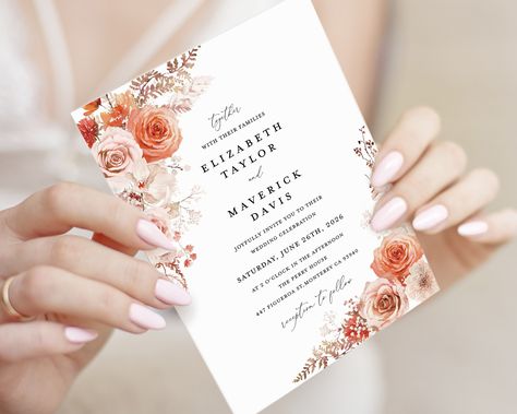 Terracotta Wedding Invitation Template, Burnt Orange Floral Wedding Invites, Printable Boho Elegant Coral Pink Rose Invitation, Download Orange Floral Wedding, Terracotta Wedding Invitation, Terracotta Wedding, Font Types, Wedding Invitation Paper, Wedding Templates, Wedding Invites, Floral Wedding Invitations, Coral Pink