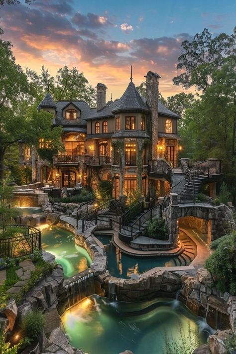 House With A Moat, Moat Around House, Mansion In The Woods, Space Interior Design, Diy Luxury, Mansion Exterior, The Matterhorn, Dream Beach Houses, Dream Life House