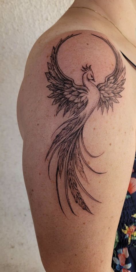 Rising Phoenix Tattoo Feminine Shoulder, Fenix Tattoo Woman Arm, Phoenix Lotus Tattoo Feminine, Tattoo Ideas Phoenix Design, Phoenix Chest Tattoo Female, Phoenix Shoulder Tattoo For Women, Phonex Tattoo Woman, Shoulder Piece Tattoo Women, Phoenix And Lotus Tattoo