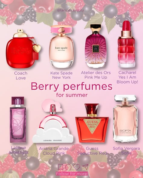 🫐🍓 Tart and juicy berries — great summer picks ⬇️ I can’t stop talking about berry perfumes since they are my favourites, especially for summer. If you check my previous posts, I already shared the raspberry, cherry, strawberry perfumes, and many more. This time I’ll just mention those that are perfect for summer, with various prominent berry notes: ▫️ Coach Love — a juicy pure strawberry scent, my favourite from the brand. ▫️ Kate Spade New York — this one features wild strawberry, so... Rasberry Perfumes, Raspberry Perfume, Blueberry Perfume, Perfume For Summer, Berry Perfume, Lalique Amethyst, Raspberry Fragrance, Atelier Des Ors, Strawberry Perfume