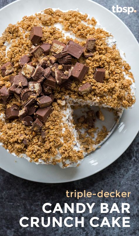 This triple-decker take on our absurdly easy crunch cake is a celebration of all things candy bar! With absolutely no baking involved, the hardest part is waiting overnight for the layers to freeze. But, oh, is it worth it. Crunch Bar Cake, Candy Bar Cake, Crunch Bar, Crunch Cake, Different Cakes, Yummy Eats, Best Dessert Recipes, Mini Cakes, Favorite Desserts