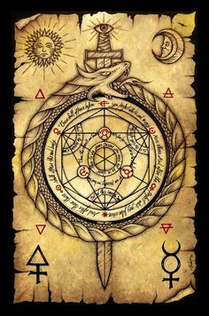 Alchemy Scroll (Ouroboros circle of transmutation) by tonelo Ouroboros Art, Alchemy Book, Art Goddesses, Art Witchcraft, Vintage Occult, Single Rose Tattoos, Alchemy Tattoo, Dragon Spirit, Create A Tattoo