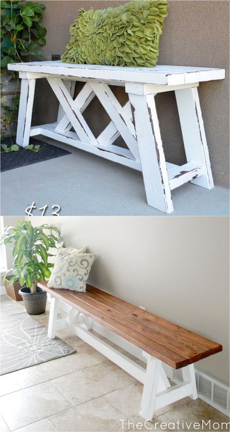 21 beautiful DIY benches for every room. Great tutorials on how to build benches easily out of wood, concrete blocks, or even old headboards and dressers. Wood Bench With Back, Diy Benches, Ikea Hack Storage, Diy Bank, Crate Bench, Old Headboard, Diy Bench, Concrete Wood, Diy Holz