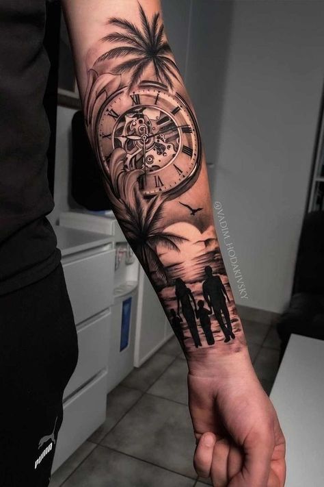 Family Sleeve Tattoo, Family Tattoos For Men, Full Hand Tattoo, Outer Forearm Tattoo, Rose Tattoos For Men, Cool Arm Tattoos, Wrist Tattoos For Guys, Cool Forearm Tattoos, Half Sleeve Tattoos For Guys