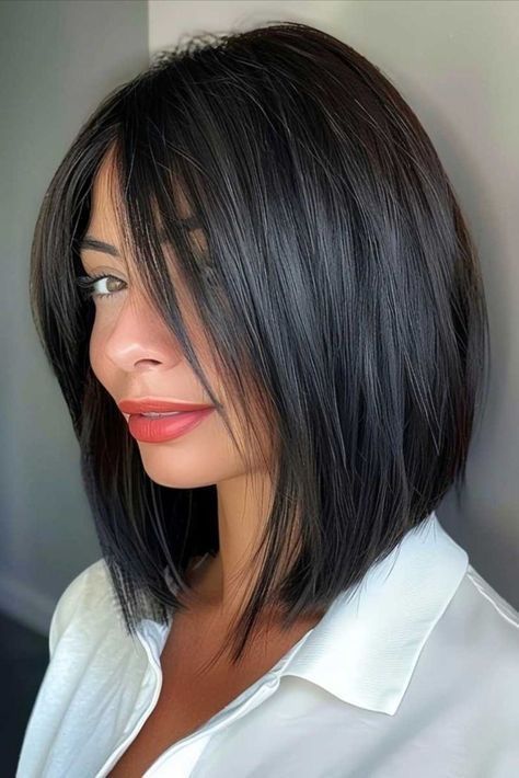 PB Bob Shaggy Haircuts, Inverted Lob With Curtain Bangs, Long Black Bob Hairstyles, Shoulder Length Bob Haircut, Angled Bob Haircuts, Angled Bob Hairstyles, Chin Length Hair, Angled Bob, Lob Haircut