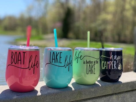 What to Pack for a Lake Vacation Boat Day | HGTV Boat Camping, Wine Glass Sayings, Life Vests, Camping Beach, Custom Tumbler Cups, Tumbler Cups Diy, Diy Tumblers, Cricut Creations, Cricut Projects Vinyl