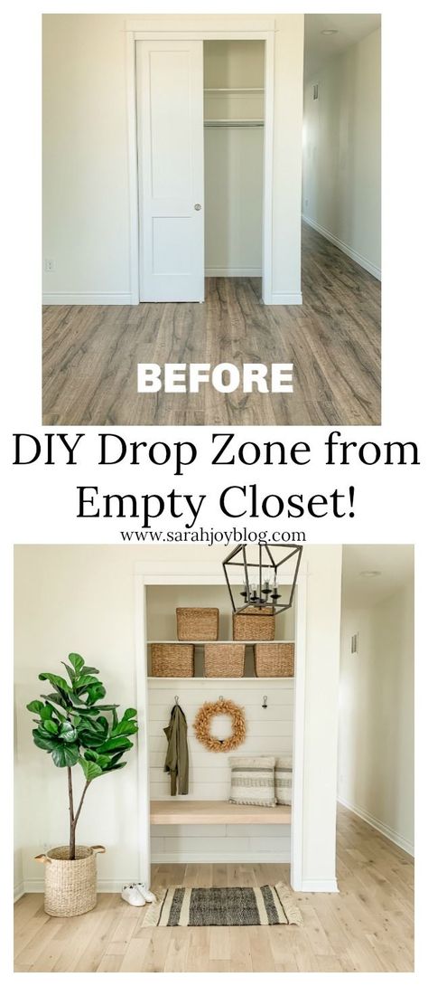 DIY Drop Zone from Empty Closet! Great idea to use transform an entry way closet into a cozy drop zone. Mud Room Nook, Turn Closet Into Mudroom, Closet Into Mudroom Entry Ways, Built In Drop Zone, Closet Into Mudroom, Drop Zone Entryway, Diy Drop Zone, Drop Zone Ideas Entryway, Entryway Drop Zone