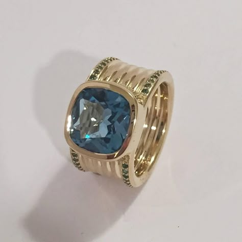 Blue Topaz Green Garnet Gold Cigar Band Ring  2 Gem Stone Band Ring, Gold Set Design, Gold Topaz Ring, Affordable Engagement Rings, Yellow Ring, Engagement Rings Affordable, Garnet And Gold, Green Garnet, Ring Ideas