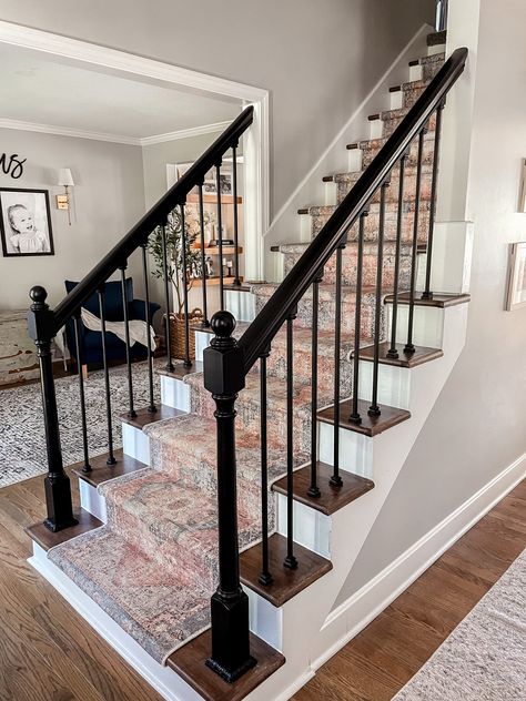 Modern Meets Traditional Staircase Remodel ⋆ Growing Up Kemper Black Banister With Iron Spindles, Modern Iron Balusters, Stairs With Iron Balusters, Traditional Handrails For Stairs, Black Handrails White Spindles, Wood And Wrought Iron Stair Railing, Stairs With Black Handrail, Iron Balusters Stairs Modern, Black Iron Spindles Staircase