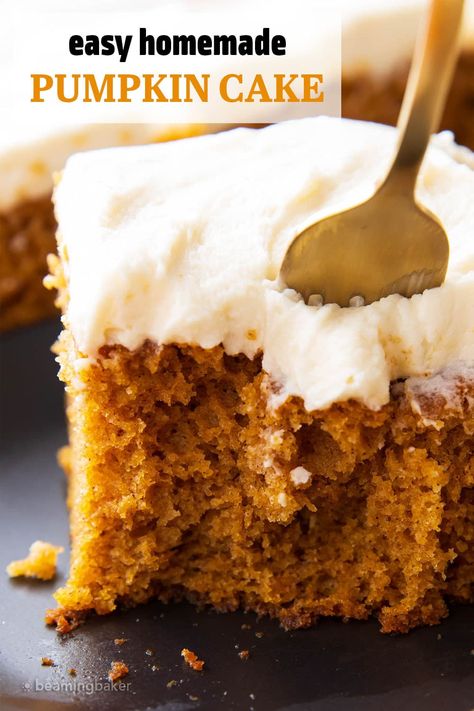 The best ever Pumpkin Cake is tender, moist, wonderfully delicious and fall-spiced! Topped with cream cheese frosting, this cake is a crowd favorite! | Recipe at BeamingBaker.com Pumpkin Cream Cheese Frosting Recipe, Pumpkin Cake With Cream Cheese Frosting, Pumpkin Cake With Cream Cheese, Pumpkin Spice Cake Recipe, Pumpkin Cake Easy, Pumpkin Cake Recipes, Pumpkin Spice Cake, Cake With Cream Cheese Frosting, Cream Cheese Frosting Recipe