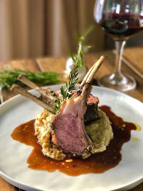 Herb Crusted Rack Of Lamb, Roasted Rack Of Lamb, White Bean Puree, Bean Puree, Crusted Rack Of Lamb, Red Wine Reduction, Lamb Dinner, Gourmet Food Plating, Lamb Chop Recipes