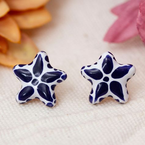 The highly prized Talavera pottery tradition inspires artisan Monica Vazquez to create this starry pair of button earrings. Made of ceramic and hand-painted with classic Mexican motifs in blue and white, these star-shaped pendants arrive with convenient 10k gold-plated posts. Upcycled Handbag, Ear Cuff Jewelry, Cotton Handbag, Curated Gift Boxes, Gold Leather, Fall Home Decor, Wedding Anniversary Gifts, Outdoor Pillows, Clean Beauty