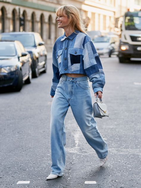 Update the hardest-working section of your closet with our denim trends 101. Discover the latest shapes, standout shades and most in-demand labels. London Street Style Spring, Double Denim Outfit, Printemps Street Style, Anarchy Symbol, Jaket Denim, Canadian Tuxedo, Fashion Week Spring 2020, Denim On Denim, Mode Jeans