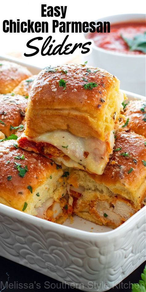 This recipe for gooey Chicken Parmesan Sliders is one that you can serve for snacking, game day and casual meals. Chicken Parmigiana Sliders, Easy Chicken Parm Sliders, Chicken Nugget Sliders, Football Dinner Ideas, Chicken Parmesan Slider, Hot Chicken Sliders, Chicken Parmesan Sliders Recipe, Chicken Parm Sliders, Parm Sliders