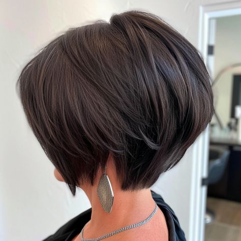 Sleek Stacked Bob with Voluminous Crown Short Layered Hair, Longer Pixie, Fine Hair Bangs, Short Angled Bobs, Short Stacked Hair, Short Stacked Bob Haircuts, Longer Pixie Haircut, Stacked Hair, Stacked Bob