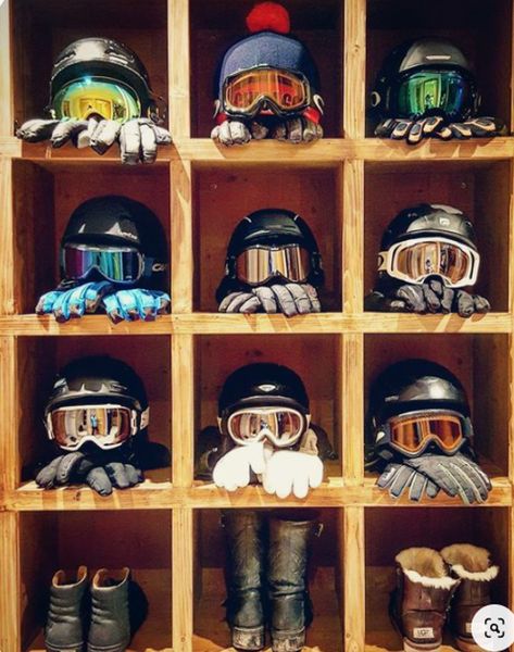 Ski House Mudroom Ideas, Airbnb Ski Cabin, Ski Helmet Storage, Ski Light Fixture, Ski Shop Interior, Ski Room Storage, Ski House Mudroom, Ski Room Ideas, Ski House Decor Interiors