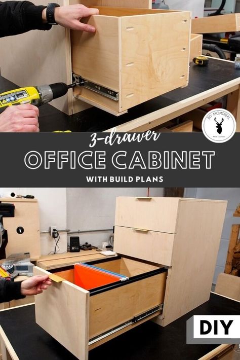 Free Desk Plans, Diy File Drawer, Diy Cabinet With Drawers, Diy Office Furniture, Diy Printer Cabinet, Diy Office Cabinets, Cabinet Desk Diy, Diy Filing Cabinet, Install Drawer Slides