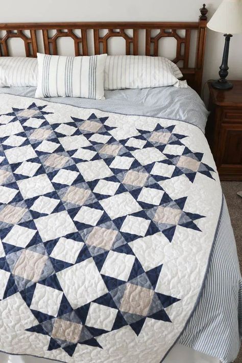 Contemporary blue and gray quilt made by Amy Smart Quilting Binding, Diary Of A Quilter, Star Quilt Pattern, Beginning Quilting, Amy Smart, Nursing Covers, Stars Quilt, Flag Quilt, Grey Quilt