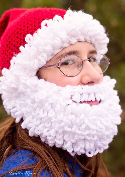 bearded santa beanie crochet pattern with a full double loop beard Crochet Beard, Santa Hat Pattern, Crochet Santa Hat, Beard Hat, Crochet Santa, Holiday Crochet, Christmas Crochet Patterns, Red Heart Yarn, Beanie Pattern