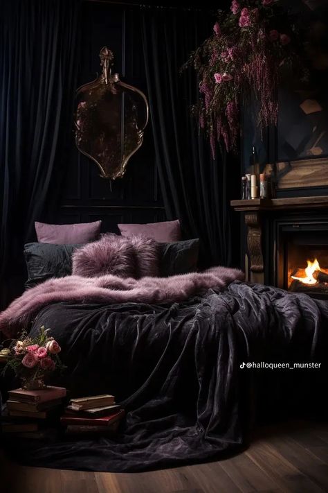 Cottage Core Goth Bedroom, Goth Cottagecore Bedroom, Purple Witchy Bedroom, Pastel Goth Bedroom Ideas, Moody Purple Bedroom, Grown Up Goth, Whimsy Bedroom, Gothic Bedroom Aesthetic, Beige And Brown Bedroom Ideas