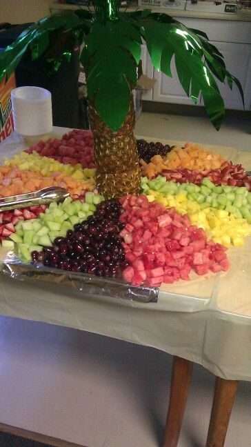 Use a few hallowed out pineapples, mix of fruit, and decorative palm tree- great for any party! Fruit Table Ideas, Fruit Platter Ideas Party, Edible Fruit Arrangements, Fruit Buffet, Palm Tree Fruit, Pineapple Palm Tree, Party Side Dishes, Fruit Table, Fruit Creations