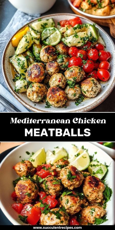 These Mediterranean Chicken Meatballs are bursting with fresh herbs, spices, and vibrant flavors. Perfect for your Christmas spread, they’re a light yet hearty addition that everyone will love. Chicken Or Turkey Meatballs, Chicken Meatballs No Breadcrumbs, Low Calorie Meatball Recipes, Chicken Feta Meatballs, Mediterranean Christmas Dinner, Mediterranean Christmas Food, Mediterranean Meatball Recipes, Mediterranean Chicken Meatballs, Dinners With Meatballs