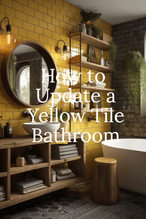 Explore the idea of installing a new vanity or sink. This pin suggests replacing an outdated vanity with a sleek, modern one, possibly in a neutral color or a wood finish, to provide a fresh focal point in the room and complement the yellow tiles. Bathrooms With Yellow Tile, Mustard Yellow Bathroom Ideas, Yellow Tile Bathroom Ideas, Terracotta Tiles Bathroom, Yellow Bathroom Ideas, Yellow Tile Bathroom, Vintage Yellow Bathroom, Vintage Tile Bathroom, Yellow Bathroom Tiles