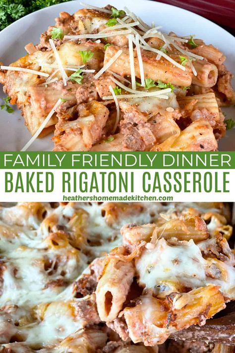 This Baked Rigatoni Casserole is hearty, comforting and cheesy! A tasty tomato based meat sauce, rigatoni pasta, and three types of cheese completes this delicious casserole that will soon be your most requested dinner item! Rigatoni Casserole, Hotdish Recipes, Baked Rigatoni, Vegetarian Casserole, Baked Ziti Recipe, Healthy Freezer Meals, Rigatoni Pasta, Healthy Casseroles, Yummy Casseroles