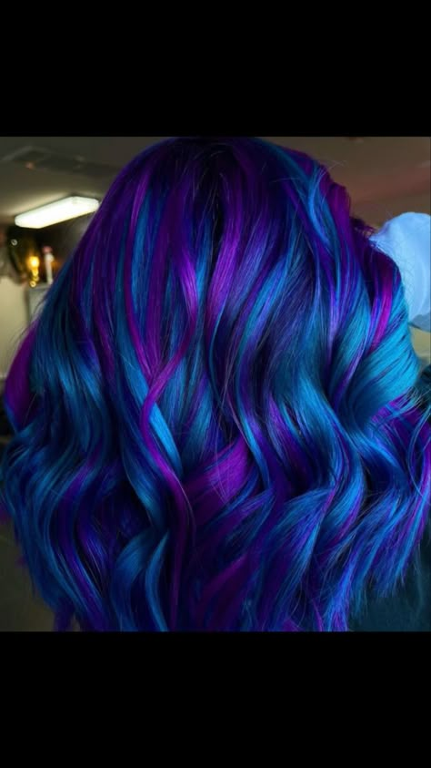 Blue And Purple Mixed Hair, Aqua And Purple Hair, Peacock Colored Hair, Blue Purple Teal Hair, Teal And Lavender Hair, Galaxy Hair Color Ombre, Mermaid Hair Color Peekaboo, Purple And Blue Hair Color Ideas, Blue And Purple Ombre Hair