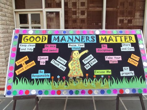 Board decoration on good manners Good Manners Bulletin Board Ideas, School Notice Board Decoration, Garden Of Good Manners, Notice Board Decoration Ideas School, Manners Chart, Notice Board Decoration, Reading Comprehension Grade 1, Sign Language Letters, Soft Board Decoration