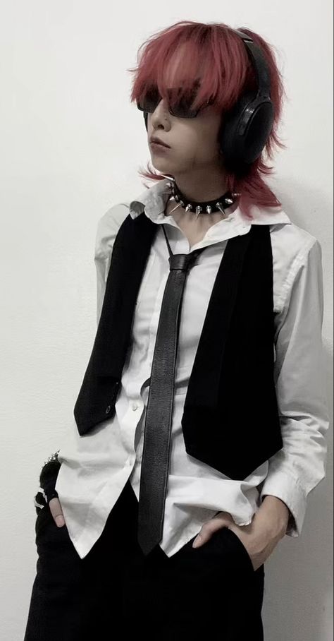 Emo Outfits With Ties, Tie And Vest Outfit, Spikey Clothes, Alt Outfits With Ties, Summer Alternative Outfits Grunge, Emo Vest Outfit, Red Tie Outfit Aesthetic, Punk School Outfits, Scaramouche Casual Clothes