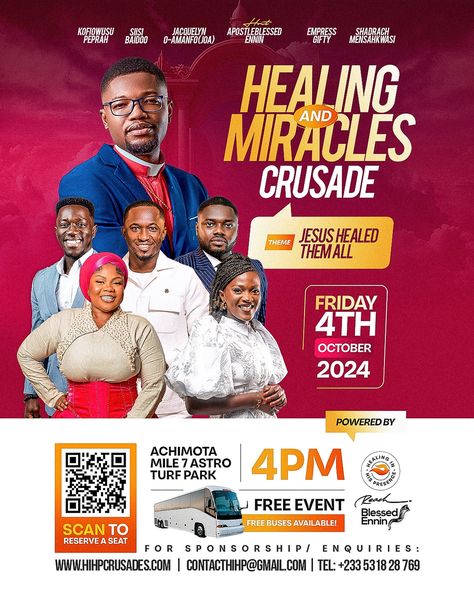 We are specially inviting you to the Healing and Miracles Crusade with Apostle @blessedennin with the theme “Jesus Healed Them All” Please mark your calendars and attend this supernatural event on Friday 4th October 2024 at the Achimota Mile 7 Park (AstroTurf Park) at exacly 4pm GMT sharp as the Lord is ready to heal countless diseases, break addictions and demonstrate His mighty Signs, Miracles and Wonders. This event’s supernatural atmosphere will cause many instant healing manisfestations... Jesus Heals, Astro Turf, Free Event, Supernatural, The Lord, Jesus, Healing, Signs, Quick Saves