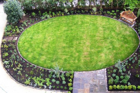 Seen from above: an oval lawn in a town garden we designed in Clifton, Bristol. Oval Garden Design, Oval Lawn, Circular Lawn, Circle Garden, Clifton Bristol, Town Garden, Fantasy Space, Side Yards, Garden Design Layout