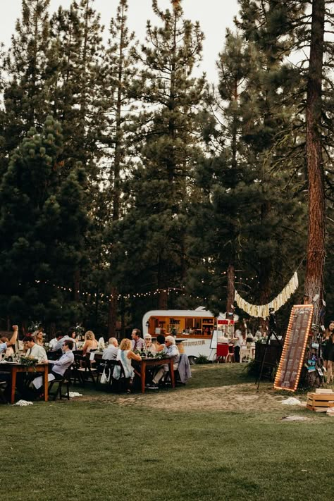 Camp themed mountain wedding reception at Chalet View Lodge Mountain Wedding Reception, Mountain Reception, Camp Themed Wedding, Wedding Locations California, Glamping Weddings, Campground Wedding, Summer Camp Wedding, Camping Wedding, Cabin Wedding